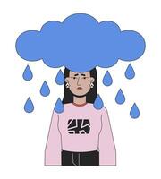 lluvia nube encima medio oriental mujer cabeza 2d lineal dibujos animados personaje. triste joven adulto hembra aislado línea vector persona blanco antecedentes. emocional expresión color plano Mancha ilustración