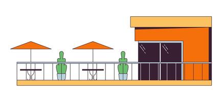 Modern cafe balcony 2D linear cartoon object. Contemporary restaurant patio isolated line vector element white background. Glass window building terrace tables umbrellas color flat spot illustration