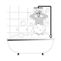 indio hombre ducharse en bañera negro y blanco 2d línea dibujos animados personaje. sur asiático joven adulto masculino aislado vector contorno persona. Lavado pelo con champú monocromo plano Mancha ilustración