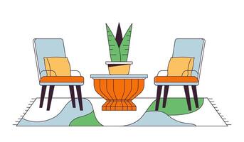 Cozy patio seating furniture 2D linear cartoon object. Two chairs flowerpot isolated line vector element white background. Carpet floor covering under armchairs color flat spot illustration