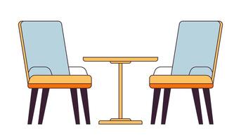 Two chairs around table 2D linear cartoon object. Cafeteria armchairs isolated line vector element white background. Patio cafe interior furniture lounge sitting color flat spot illustration