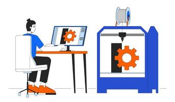 3D printing in mechanical engineering line cartoon animation. Prototyping 4K video motion graphic. 3d printer technician at computer 2D linear animated character isolated on transparent background vector