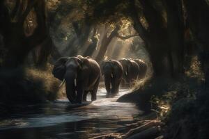 ai generado elefantes en sereno bosque corriente en su natural hábitat. creado con generativo ai foto