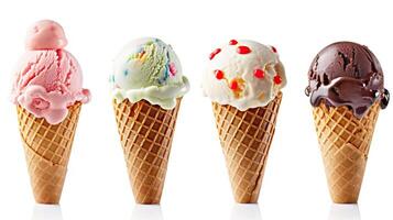 AI generated Assorted ice cream scoops in waffle cones, isolated on white background. created with Generative AI photo