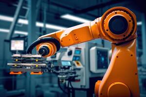 AI generated Smart Industrial Automation Advanced Robotic Arm in Modern Factory. created with Generative AI photo