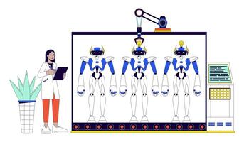 robótica edificio 2d lineal ilustración concepto. ingeniero controlador máquinas en transportador dibujos animados caracteres aislado en blanco. software desarrollo metáfora resumen plano vector contorno gráfico