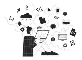 Development world black and white 2D illustration concept. Coding process. Programmer with laptop cartoon outline character isolated on white. Software engineer at work metaphor monochrome vector art