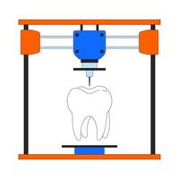 Dental implant denture on 3d printer 2D linear cartoon object. Additive manufacturing device isolated line vector element white background. Technology three-dimensional color flat spot illustration