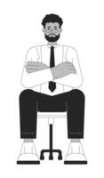 los anteojos barbado negro masculino trabajo candidato negro y blanco 2d línea dibujos animados personaje. cruzado brazos africano americano hombre aislado vector contorno persona. trabajador monocromo plano Mancha ilustración