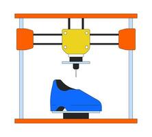 Footwear shoes on 3d printer 2D linear cartoon object. Additive manufacturing device isolated line vector element white background. Technology three-dimensional printing color flat spot illustration