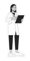 hembra médico con portapapeles negro y blanco 2d línea dibujos animados personaje. cuidado de la salud obrero. mujer médico especialista aislado vector contorno persona. laboratorio asistente monocromo plano Mancha ilustración