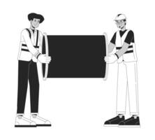 Pipeline contractors carrying metal pipe black and white 2D line cartoon characters. Diverse male constructors isolated vector outline people. Pipe construction monochromatic flat spot illustration