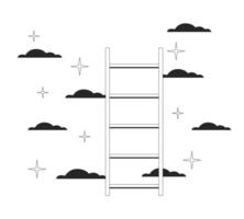 Ladder to stars clouds black and white 2D line cartoon object. Reaching moving up ladder cloudscape isolated vector outline item. Accomplishment achievement dream monochromatic flat spot illustration