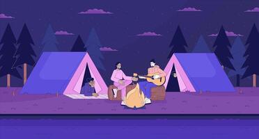 Playing guitar friends camping tents line cartoon flat illustration. Bonfire night people multicultural 2D lineart landscape background. Feel nostalgic nighttime. Lo fi vibes scene vector color image