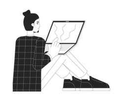 Software development engineer black and white 2D line cartoon character. Computer technology. Man working on laptop isolated vector outline person. Programmer monochromatic flat spot illustration