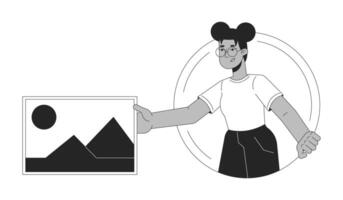 africano América mujer artista negro y blanco 2d línea dibujos animados personaje. web diseñador con fotografía. visual contenido fabricante aislado vector contorno persona. creativo monocromo plano Mancha ilustración