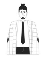 Caucasian male office worker unhappy black and white 2D line cartoon character. Upset downhearted adult isolated vector outline person. Sad man employee sighing monochromatic flat spot illustration