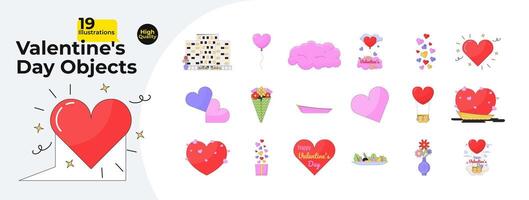 Romantic Valentines day 2D linear cartoon objects bundle. 14 february surprise date decorations isolated line vector items white background. Confession love color flat spot illustration collection