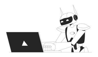 Artificial intelligence at laptop black and white 2D line cartoon character. Robot at computer isolated line vector personage white background. Robotics technology monochromatic flat spot illustration