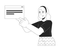 Female programmer black and white 2D line cartoon character. Web design. Woman showing code block isolated vector outline person. Software development specialist monochromatic flat spot illustration