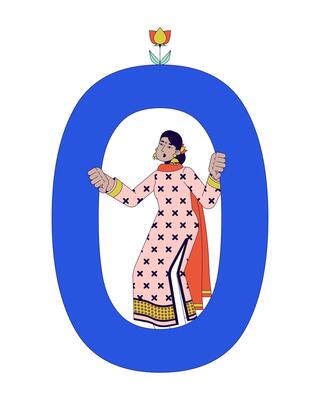 Indian female software developer 2D linear cartoon character. Woman in digit zero isolated line vector person white background. Binary code part in programming color flat spot illustration