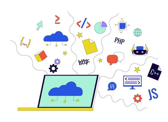 Cloud based software development 2D linear cartoon object. Saas technology in programming isolated line vector element white background. Web design online tools color flat spot illustration