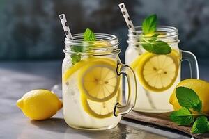 AI generated Refreshing Summer Lemonade in Mason Jars with Lemon Slices and Ice. created with Generative AI photo