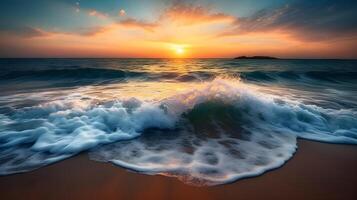 ai generado sereno amanecer terminado el mar con hermosa espumoso olas Lavado en contra el costa. creado con generativo ai foto