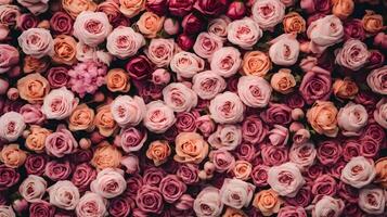 AI generated Gorgeous rose flowers creating a beautiful wall background. created with Generative AI photo