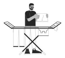 Air drying clothes on rack black and white cartoon flat illustration. African-american man 2D lineart character isolated. Home chores. Saving energy at home monochrome scene vector outline image