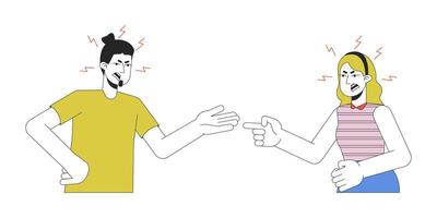 Domestic quarrels caucasian couple 2D linear cartoon characters. European adults isolated line vector people white background. Gesturing body language, emotional color flat spot illustration