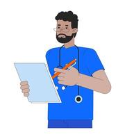 africano americano masculino enfermero chequeo médico 2d lineal dibujos animados personaje. negro médico supervisión paciente salud aislado línea vector persona blanco antecedentes. hospital color plano Mancha ilustración