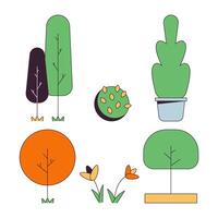 Lawn ornaments 2D linear cartoon objects set. Flowers blooming spring. Potted trees bushes isolated line vector elements white background. Greenery vegetation color flat spot illustration collection