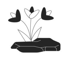 flores creciente fuera rock negro y blanco 2d línea dibujos animados objeto. floreciente plantas brotante desde Roca aislado vector contorno artículo. flores silvestres descanso mediante grieta monocromo plano Mancha ilustración