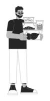 Meal prepping for saving time black and white cartoon flat illustration. Nutritionally balanced diet. Black man 2D lineart character isolated. Reduce carbon footprint monochrome vector outline image