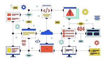 Computer network 2D linear illustration concept. Devices connection technology. Digital data system cartoon items isolated on white. Software development metaphor abstract flat vector outline graphic