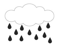 Rainy cloud raindrops dripping black and white 2D line cartoon object. Shower rainfall dropping isolated vector outline item. Cloudscape water drops falling monochromatic flat spot illustration
