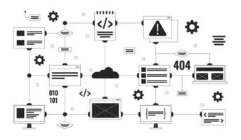 Computer network black and white 2D illustration concept. Devices connection technology. Digital data system outline items isolated on white. Software development metaphor monochrome vector art