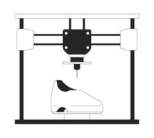 Footwear shoes on 3d printer black and white 2D line cartoon object. Additive manufacturing device isolated vector outline item. Technology three-dimensional monochromatic flat spot illustration