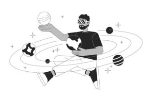 VR experience black and white 2D illustration concept. User with virtual reality goggles learning solar system cartoon outline character isolated on white. Software metaphor monochrome vector art