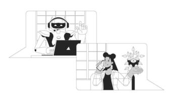 ai consultor negro y blanco 2d ilustración concepto. robot asistente respondiendo cliente preguntas dibujos animados contorno personaje aislado en blanco. software desarrollo metáfora monocromo vector Arte