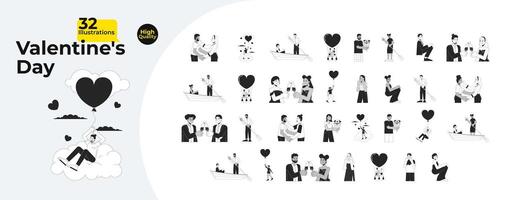 Valentines dating couple black and white cartoon flat illustration bundle. Happy gay men, lesbian women, heterosexual 2D lineart characters isolated. Romance monochrome vector outline image collection