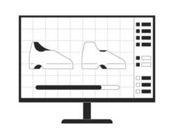 Shoes designing on computer screen black and white 2D line cartoon object. High fashion technology isolated vector outline item. Mens fashion footwear production monochromatic flat spot illustration