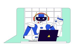 Chat bot at laptop 2D linear cartoon character. Robot consulting customers online isolated line vector personage white background. Artificial intelligence integration color flat spot illustration