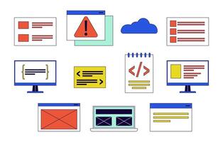 software desarrollo 2d lineal dibujos animados objetos colocar. aplicación programación tecnología aislado línea vector elementos blanco antecedentes. computadora Ingenieria color plano Mancha ilustración colección