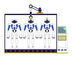 fabricación robots 2d lineal dibujos animados caracteres. robótica y electrónica industrial instalaciones aislado línea vector artículos blanco antecedentes. máquinas producción planta color plano Mancha ilustración