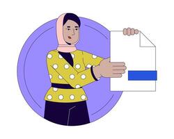 Muslim office worker with paper 2D linear cartoon character. Female manager holding document isolated line vector person white background. Business paperwork control color flat spot illustration