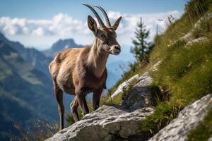 ai generado cabra montés decisión el rocoso acantilados de el europeo Alpes. creado con generativo ai foto