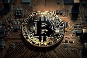 ai generado bitcoin en circuito tablero el intersección de tecnología y divisa. creado con generativo ai foto