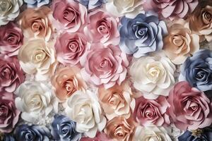 AI generated Colorful Paper Roses as a Vibrant Backdrop for your Next Event. created with Generative AI photo